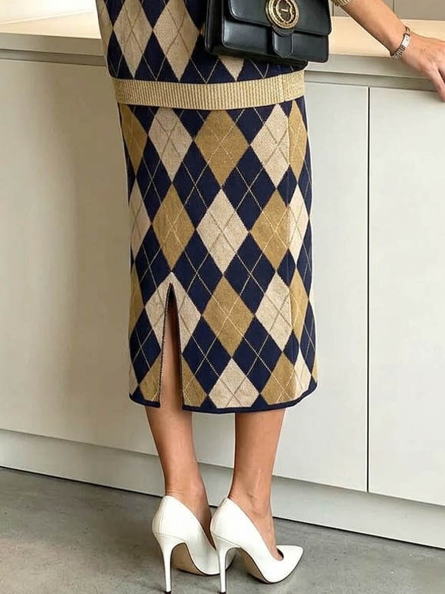 Women's High-waisted Loose-fit Knit Midi Skirt With Color-block Argyle Print