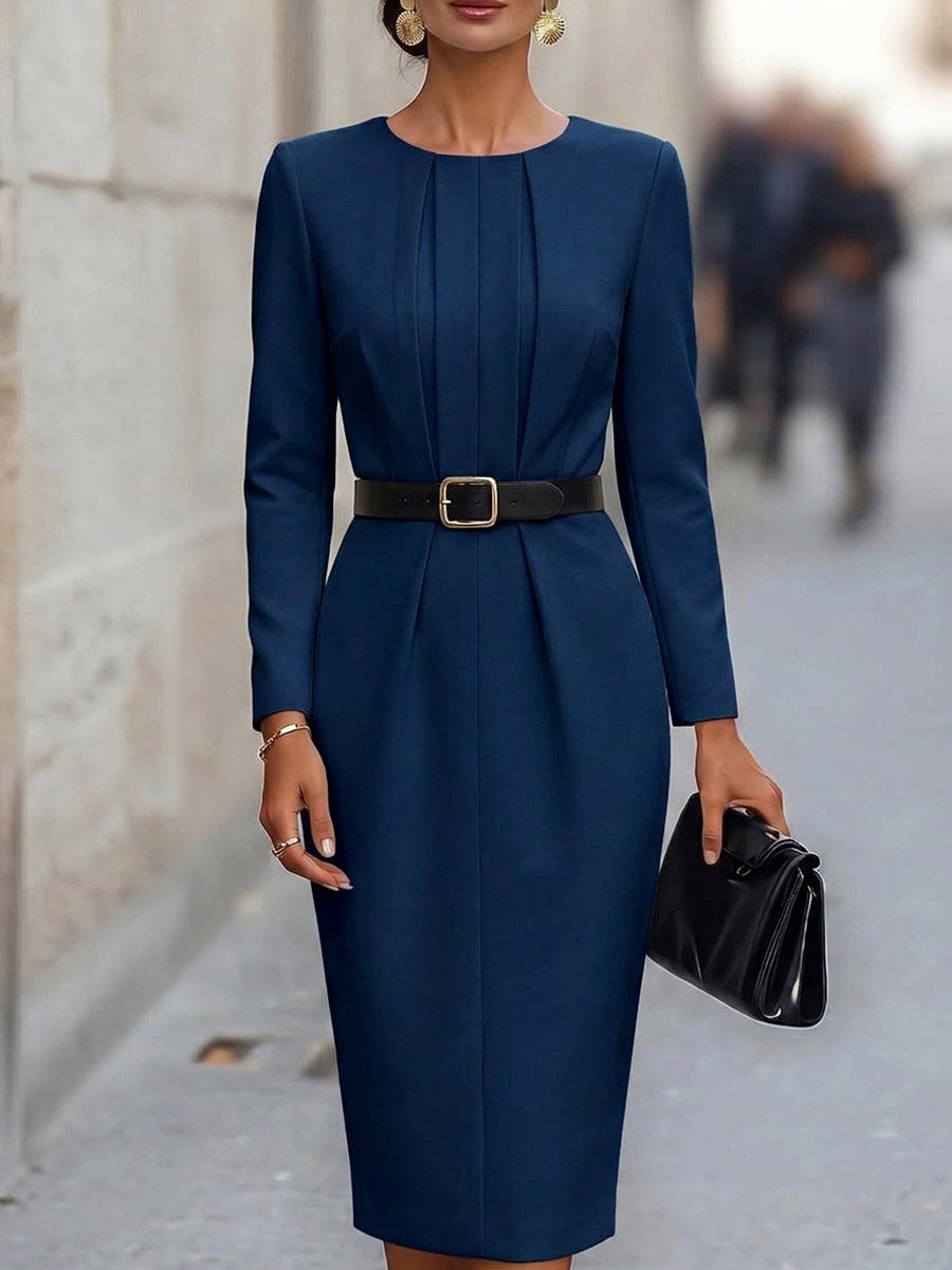 Women's Solid-color Crew Neck Long-sleeve Casual Slim-fit Dress