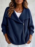 Collared Knit Jacket With Double Zippers