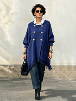 Elegant Royal Blue Double-breasted Fringe Knit Oversized Long Sweater