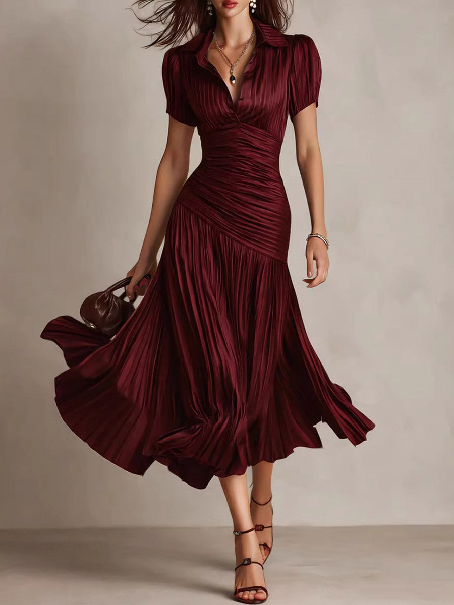 Women's Short-sleeve A-line Dress With Color-block Stripes, Collar, And Waist-cinching Fit