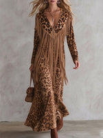 Women's Leopard Print Long Sleeve Fringe Maxi Dress