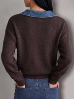 Women's Casual Loose-fit Long-sleeve Knit Top With Denim-style Collar And Tie-front Detail