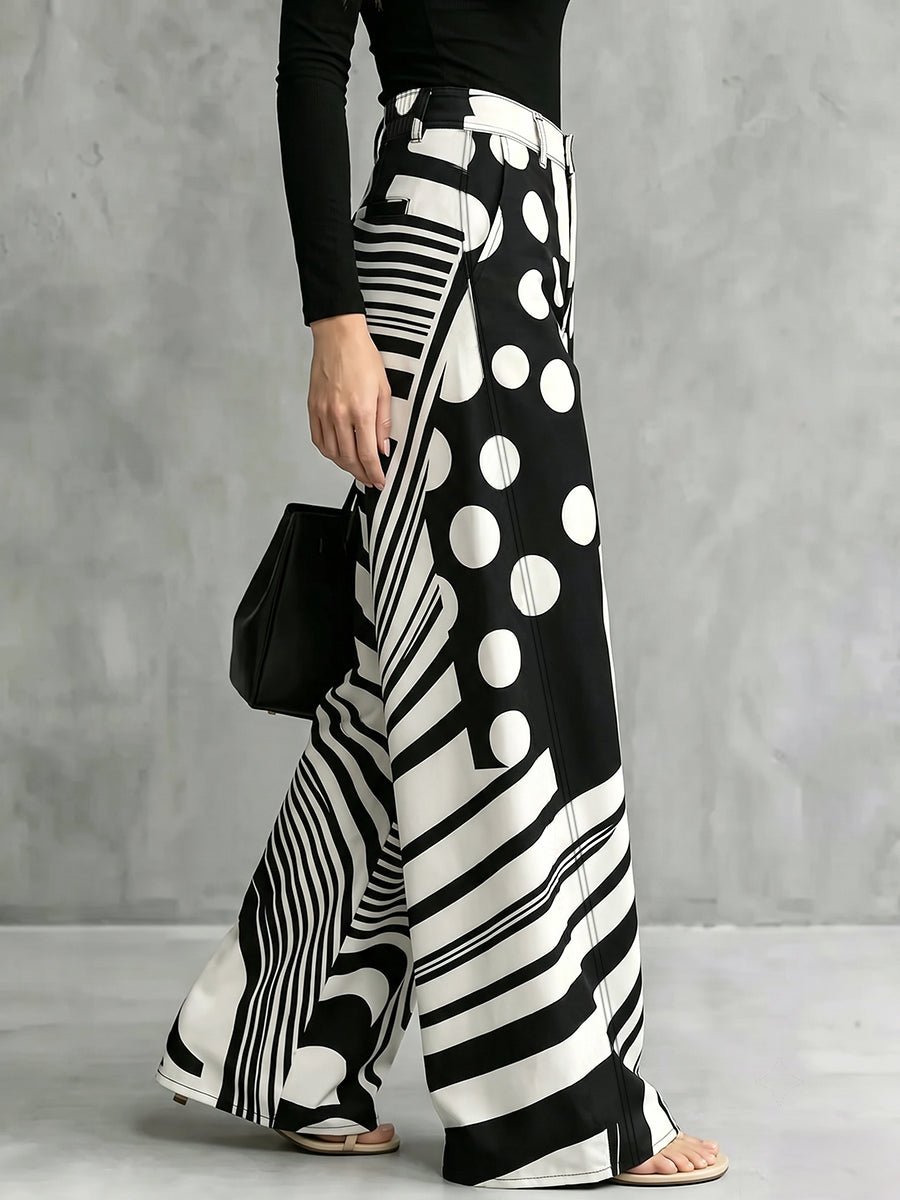 Chic Polka Dot & Striped Wide-Leg Denim Pants