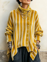 Chic Striped Asymmetrical Buttons Velvet Top