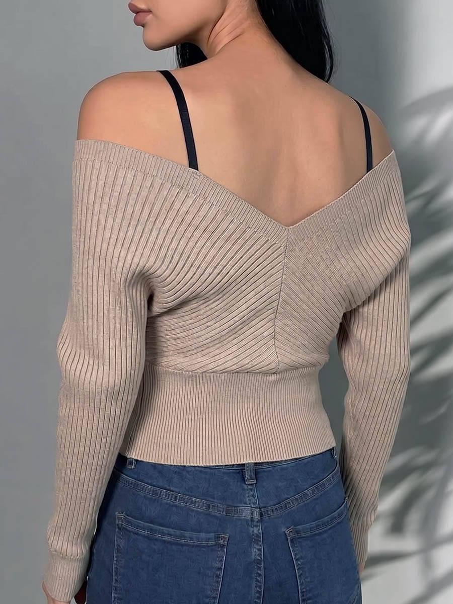 Women's Off-shoulder V-neck Long-sleeve Knit Top With Lace Camisole Overlay Detail