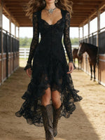Western Style Black Lace High-Low Ruffle Dress