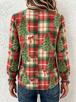 Women's Plaid Christmas Tree Print Cotton-linen Shirt – Lettuce-edge V-neck, Long Sleeve, Loose Casual Fit