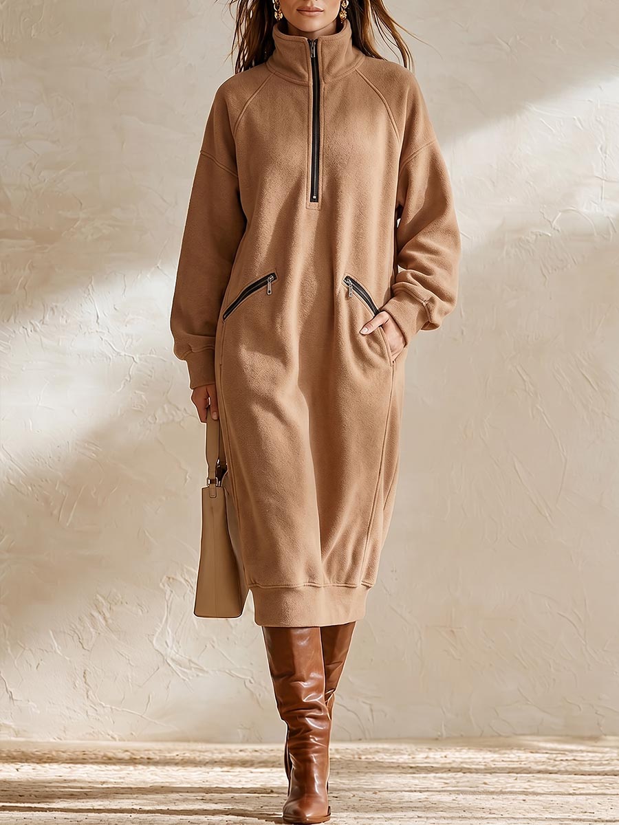 Women's Solid Color Stand-collar Long-sleeve Casual Loose Sweatshirt Dress