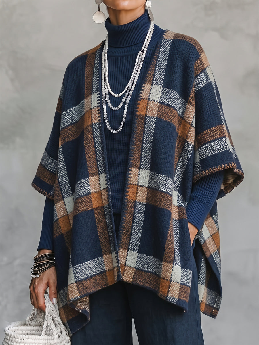 Classic Plaid Open-Front Knit Cape