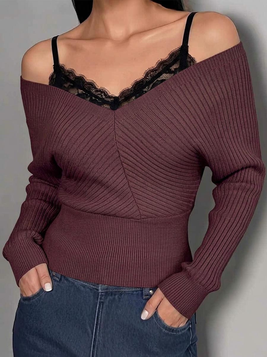 Women's Off-shoulder V-neck Long-sleeve Knit Top With Lace Camisole Overlay Detail