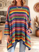 Women's Colorful Geometric Print Crew Neck Long-sleeve Loose-fit Knit Top