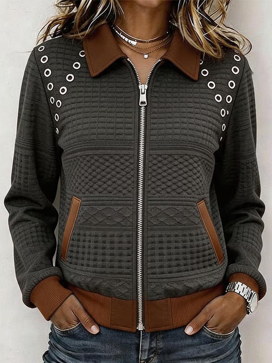 Women's Long-sleeve Casual Loose-fit Cardigan With Collar, Cut-outs, And Color-block Details