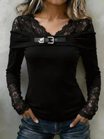 Women's Solid Color V-neck Long-sleeve Casual Loose Lace-panel Top