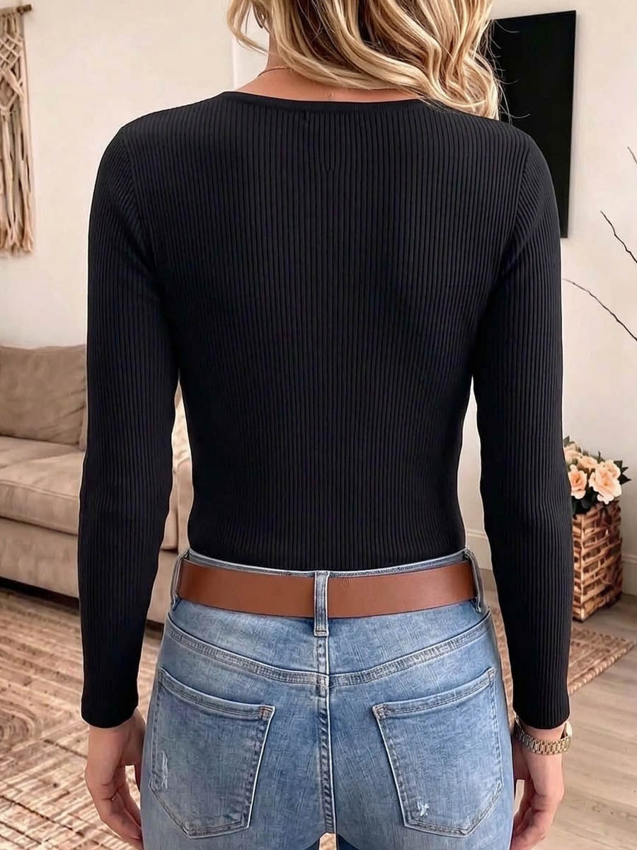 Women's Solid Color Crew Neck Long-sleeve Loose-fit Button-front Knit Top