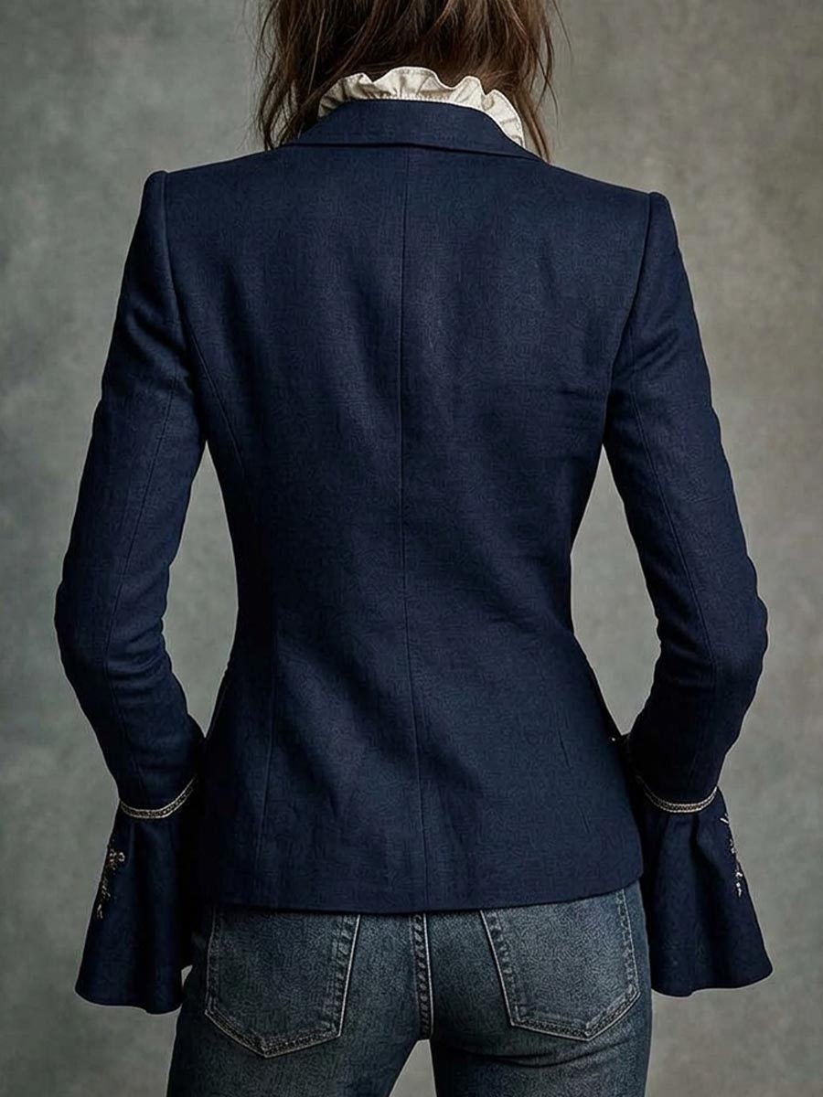 Tailored Navy Blue Blazer with Floral Embroidery and Flared Sleeves