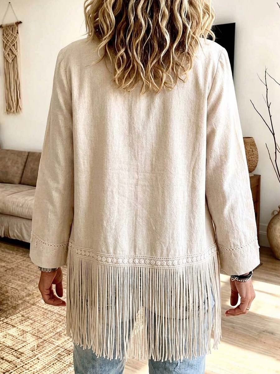 Bohemian Cream Embroidered Fringe Open Front Cardigan