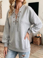 Women's V-neck Long-sleeve Cut-out Lace-up Casual Loose Pullover Top