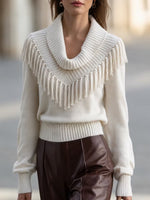Chic Knit Top With A Draped, Tassel-accented Collar