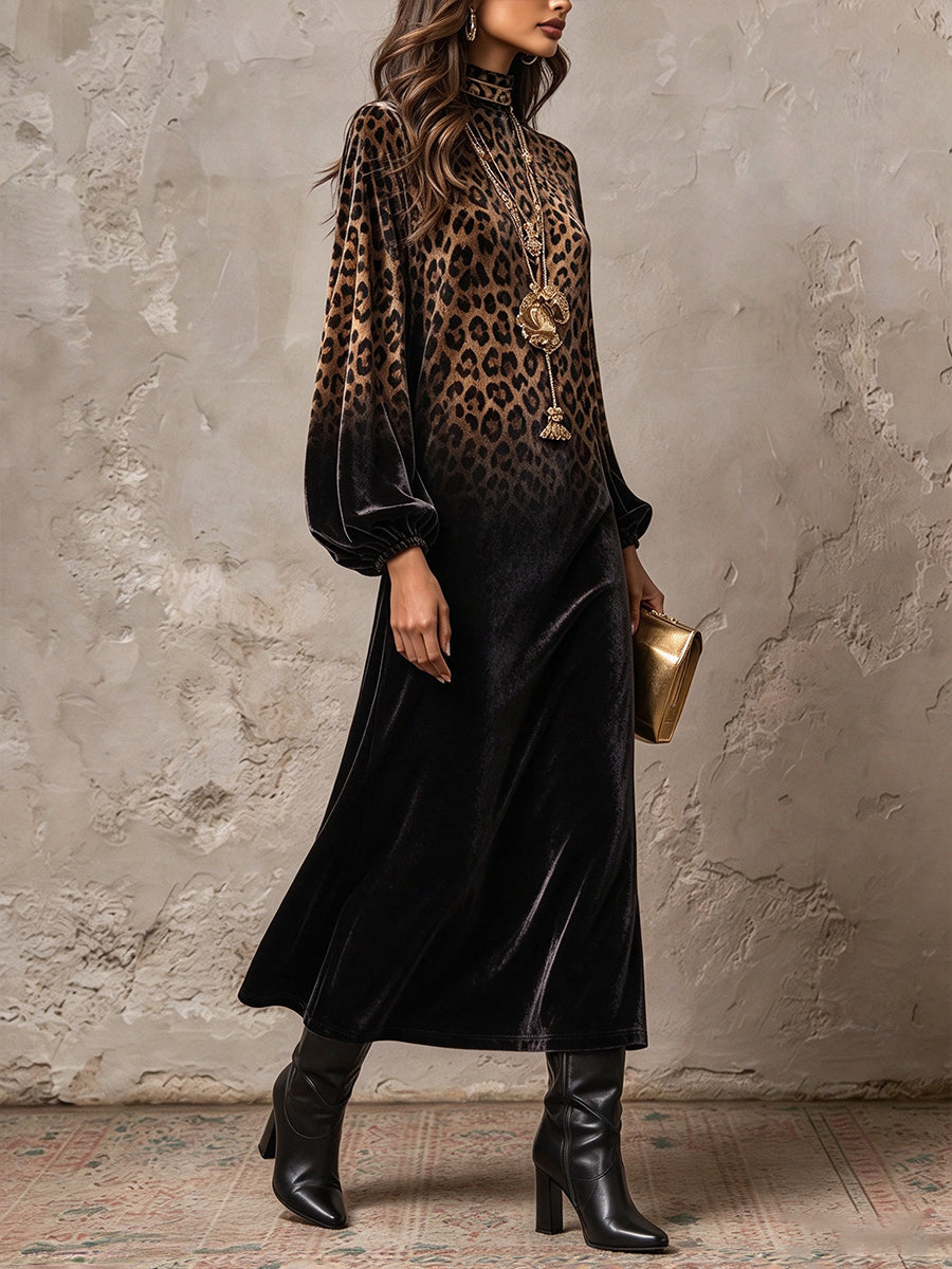 Gradient Leopard Print Velvet Maxi Dress