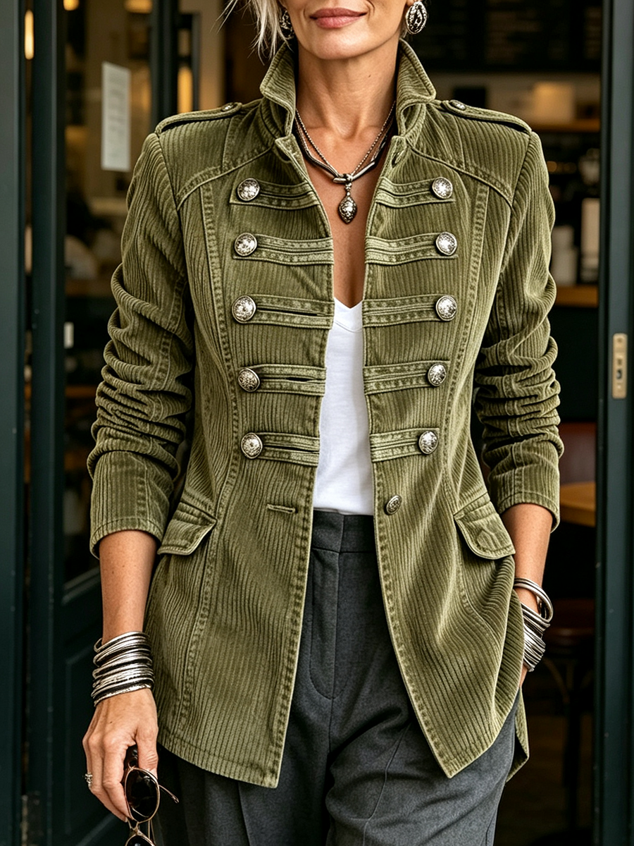 Chic Military-style Olive Green Corduroy Jacket