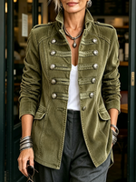 Chic Military-style Olive Green Corduroy Jacket