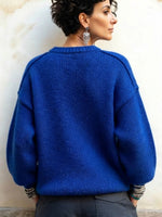Elegant Royal Blue Knot-embellished Knit Sweater