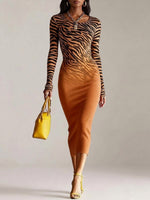 Women's Zebra-print Ombré Crew-neck Long-sleeve Bodycon Dress