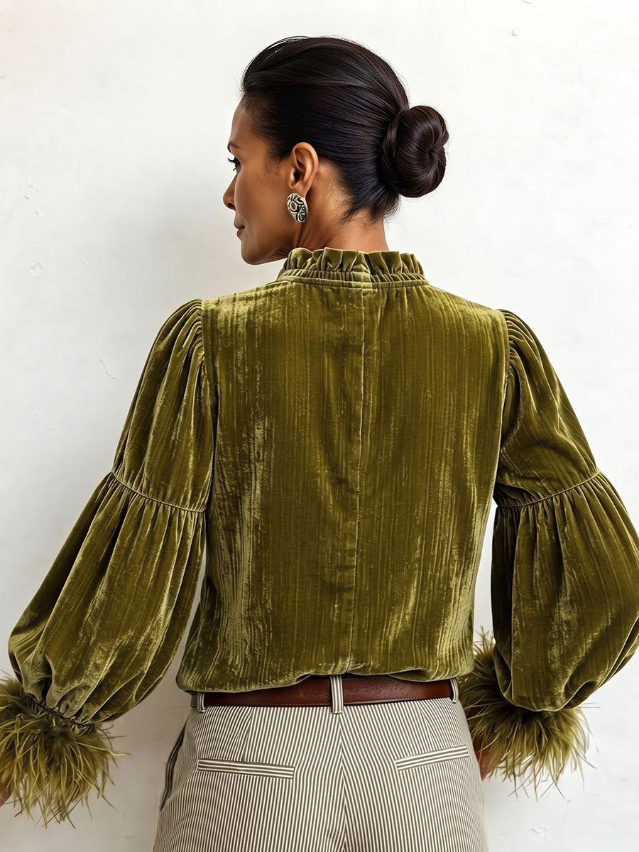 Chic Ruffle Collar Velvet Olive Blouse