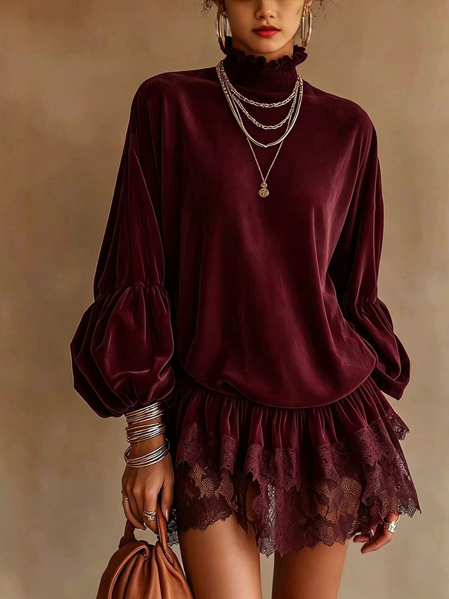 Women's Mock Neck Lantern Sleeve Tunic Top with Lace Patchwork Hem
