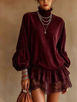 Women's Mock Neck Lantern Sleeve Tunic Top with Lace Patchwork Hem
