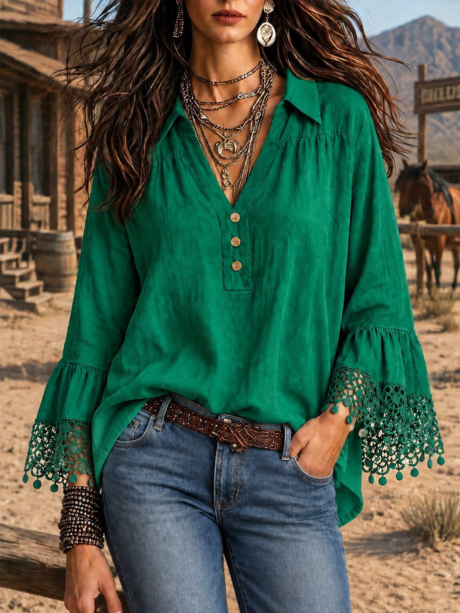 Bohemian Lace Trimmed Bell Sleeve Blouse