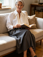 Elegant Pleated White Shirt And Grey Skirt Set