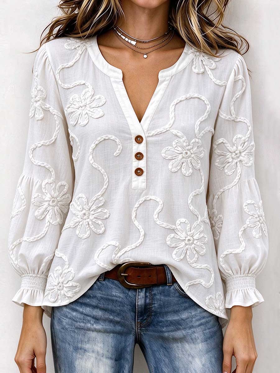 Women's Floral Embroidered V-neck Long Sleeve Blouse With Button Detail