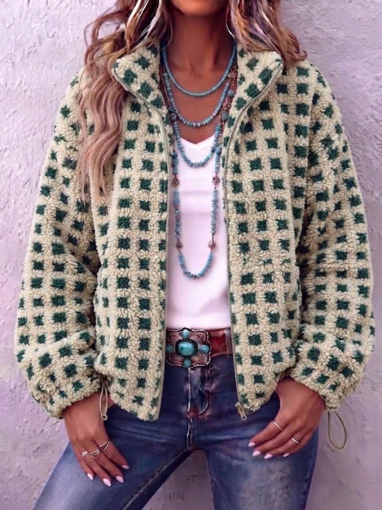 Oversized Plaid Sherpa Zip-up Jacket