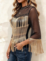 Glamorous Metallic Fringe Shimmer Mesh Top