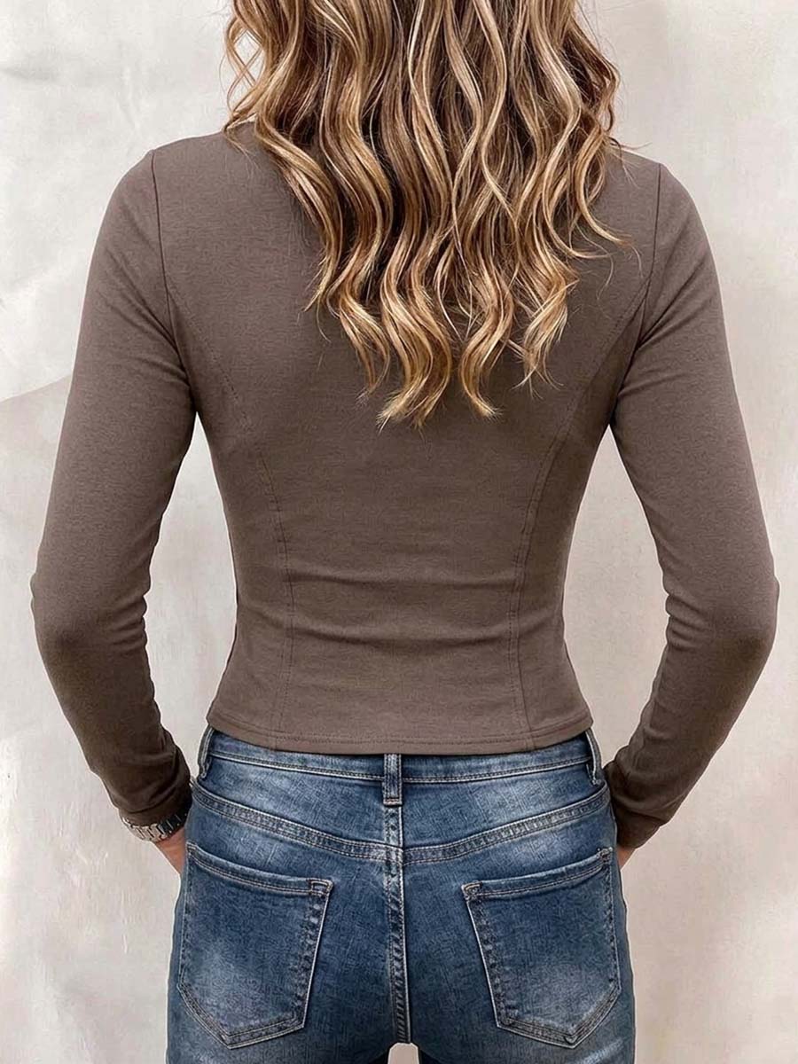Military Style Square Neck Button Detail Long Sleeve Top