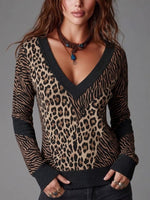 Leopard And Zebra Print Color-block V-neck Knit Top