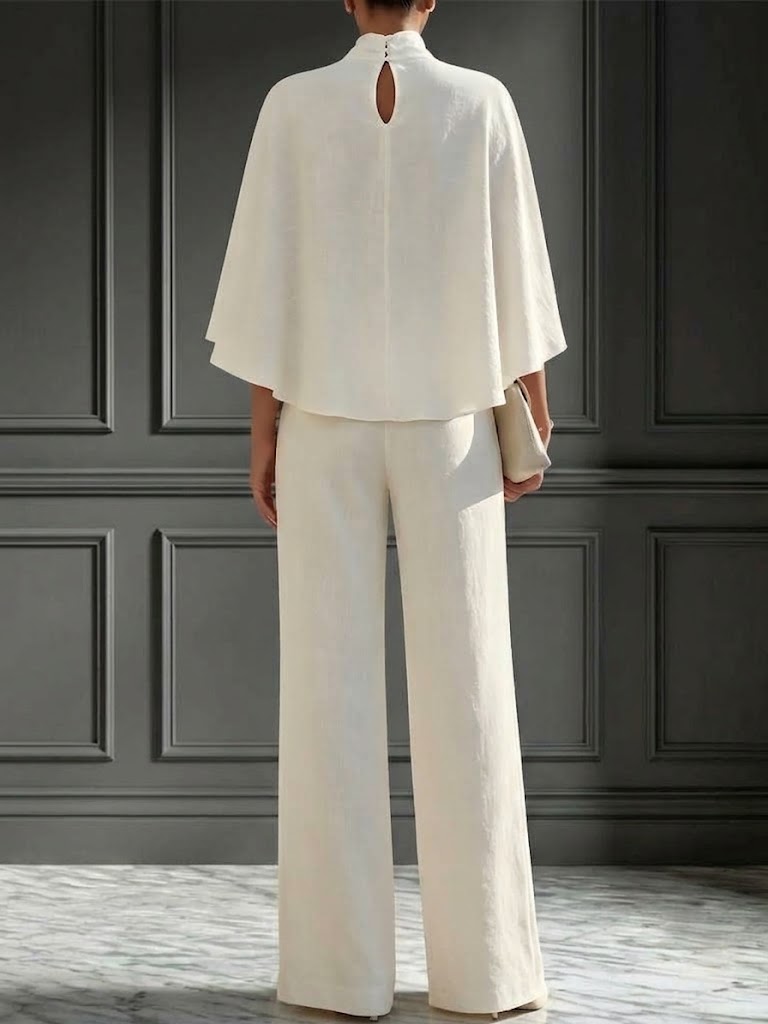 Elegant Solid-color Set Featuring A Mock-neck Cape-style Top And Split-leg Wide-leg Trousers
