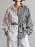 Women's Color-block Striped Print Shirt – Long-sleeve Relaxed Fit Lapel Collar, And Self-tie Waist
