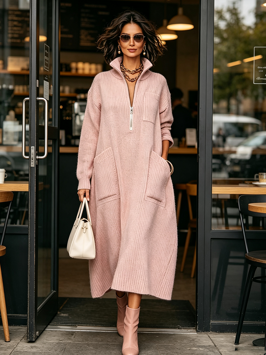 Elegant Quarter-zip High Collar Oversized Knit Midi Dress