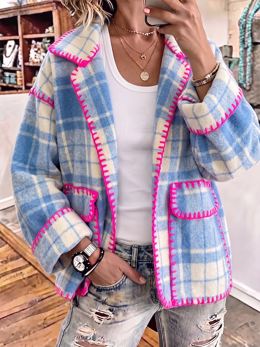 Cozy Plaid Contrast-Stitch Open-Front Jacket
