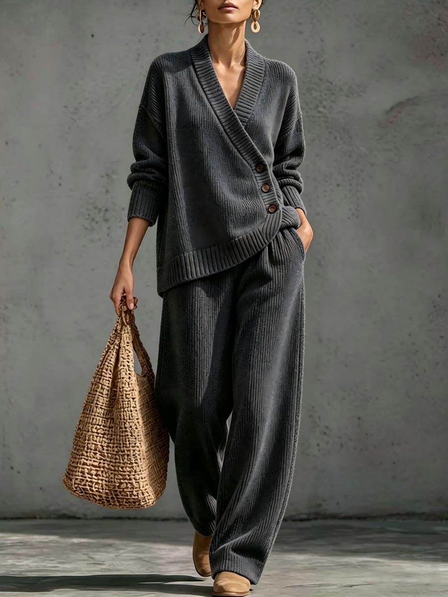 Women's Ribbed Knit Two-piece Lounge Set With Asymmetrical Buttons