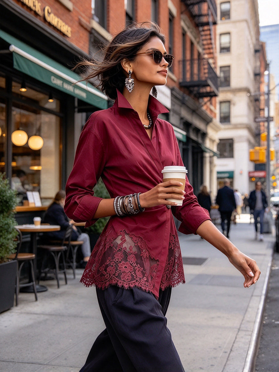 Chic Burgundy Poplin & Lace Wrap-Front Shirt