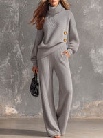 Women's Solid Color High-neck Long-sleeve Loose Top With Irregular Hem And High-waisted Wide-leg Pants Knit Set