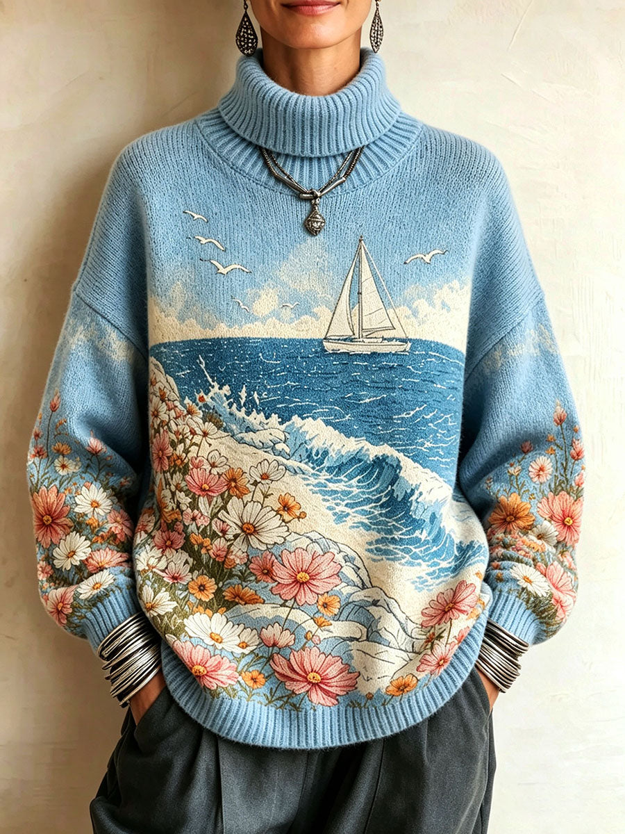 Artistic Coastal Pattern Blue Turtleneck Knit Sweater