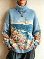 Artistic Coastal Pattern Blue Turtleneck Knit Sweater
