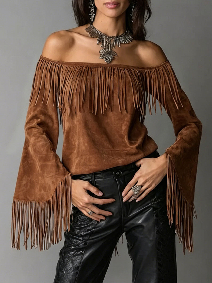 Women's Solid Color Off-shoulder Long-sleeve Loose Casual Tassel Top