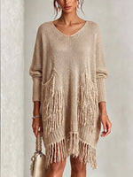Bohemian V-neck Loose Knit Dress With Pockets And Tassels