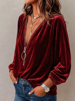 Women's Solid Color V-neck Long-sleeve Loose-fit Velour Top
